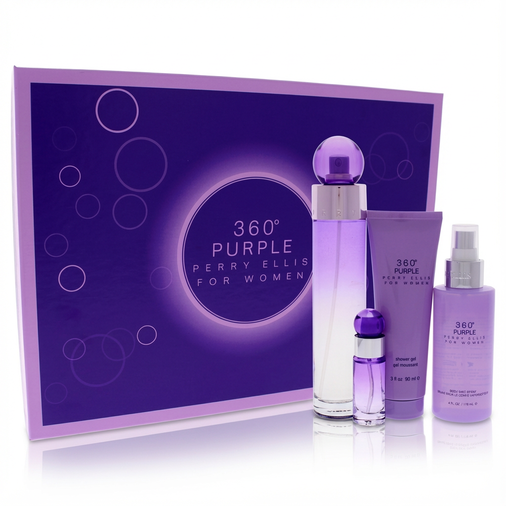 PERRY ELLIS_SET 360 PURPLE FOR WOMEN 4PCS 3.4 FL + 4.0 BODY MIST SPRAY + 3.0 SHOWER GEL + 0.25FL L