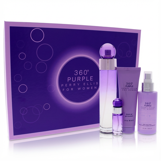 PERRY ELLIS_SET 360 PURPLE FOR WOMEN 4PCS 3.4 FL + 4.0 BODY MIST SPRAY + 3.0 SHOWER GEL + 0.25FL L