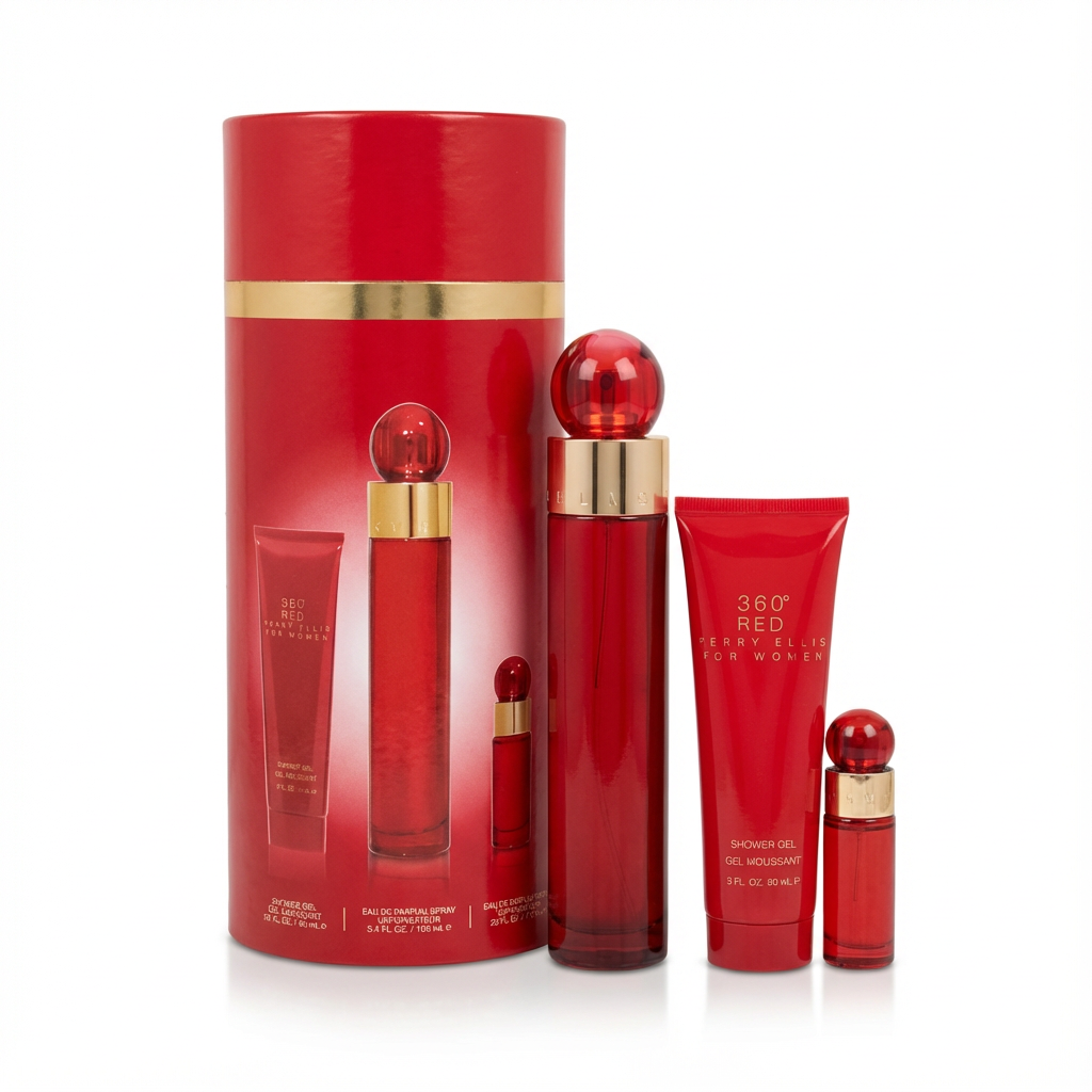 PERRY ELLIS_SET 360 RED FOR WOMEN 4 PCS + 3.4 EDP + 4.0 FL BODY SPRAY + 3.0 SHOWER GEL + 0.25 FL L