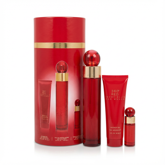PERRY ELLIS_SET 360 RED FOR WOMEN 4 PCS + 3.4 EDP + 4.0 FL BODY SPRAY + 3.0 SHOWER GEL + 0.25 FL L