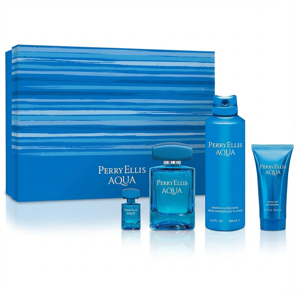 PERRY ELLIS_SET AQUA 4 PCS 3.4 EDT + 6.8 OZ DEO + 1.7 OZ TRAVEL + GEL MINI M