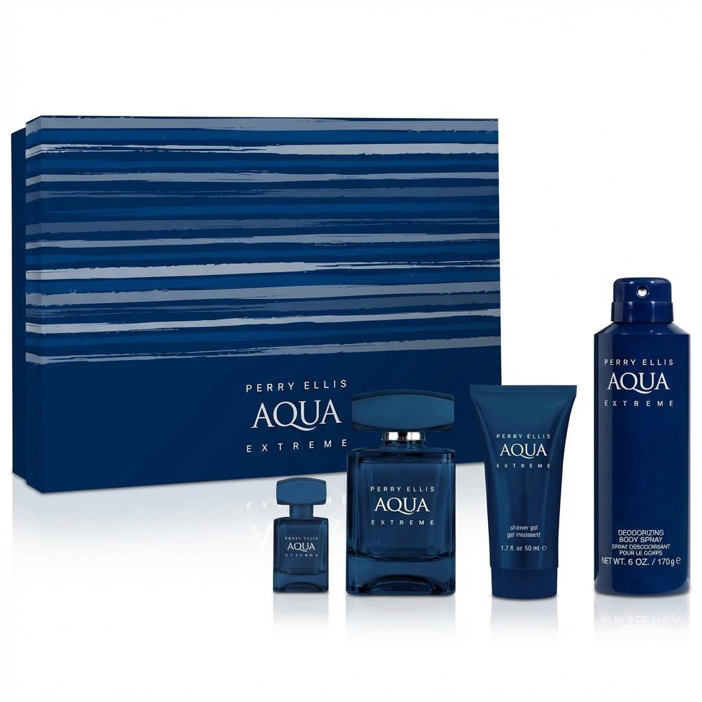 PERRY ELLIS_SET AQUA EXTREME 4 PCS 3.4 EDT + 6.8 OZ DEO + 1.7 OZ TRAVEL + GEL MINI M